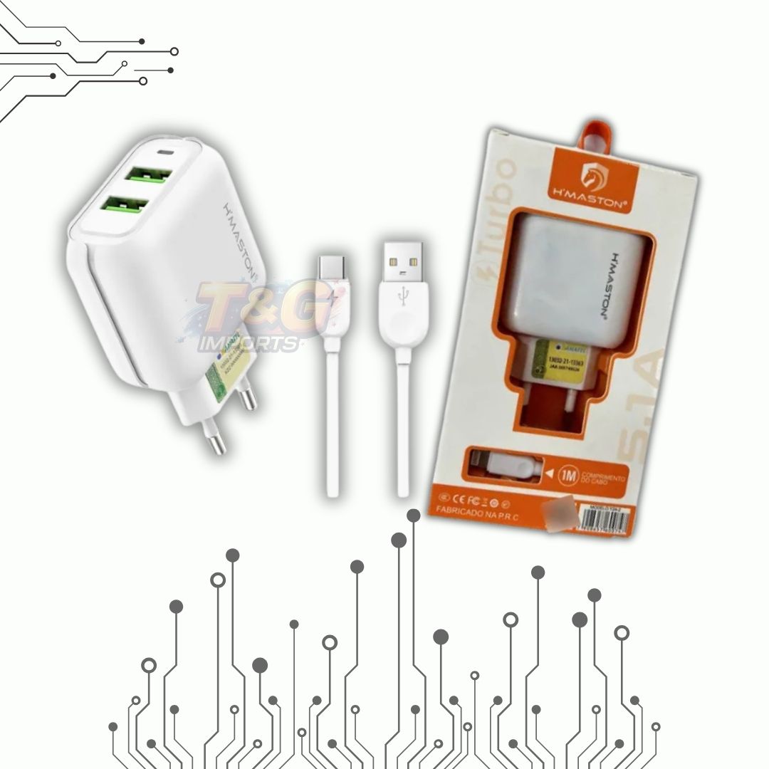 Carregador H'maston Y24 - 25W | 5.1A | 2 USB | Com Cabo e Embalagem