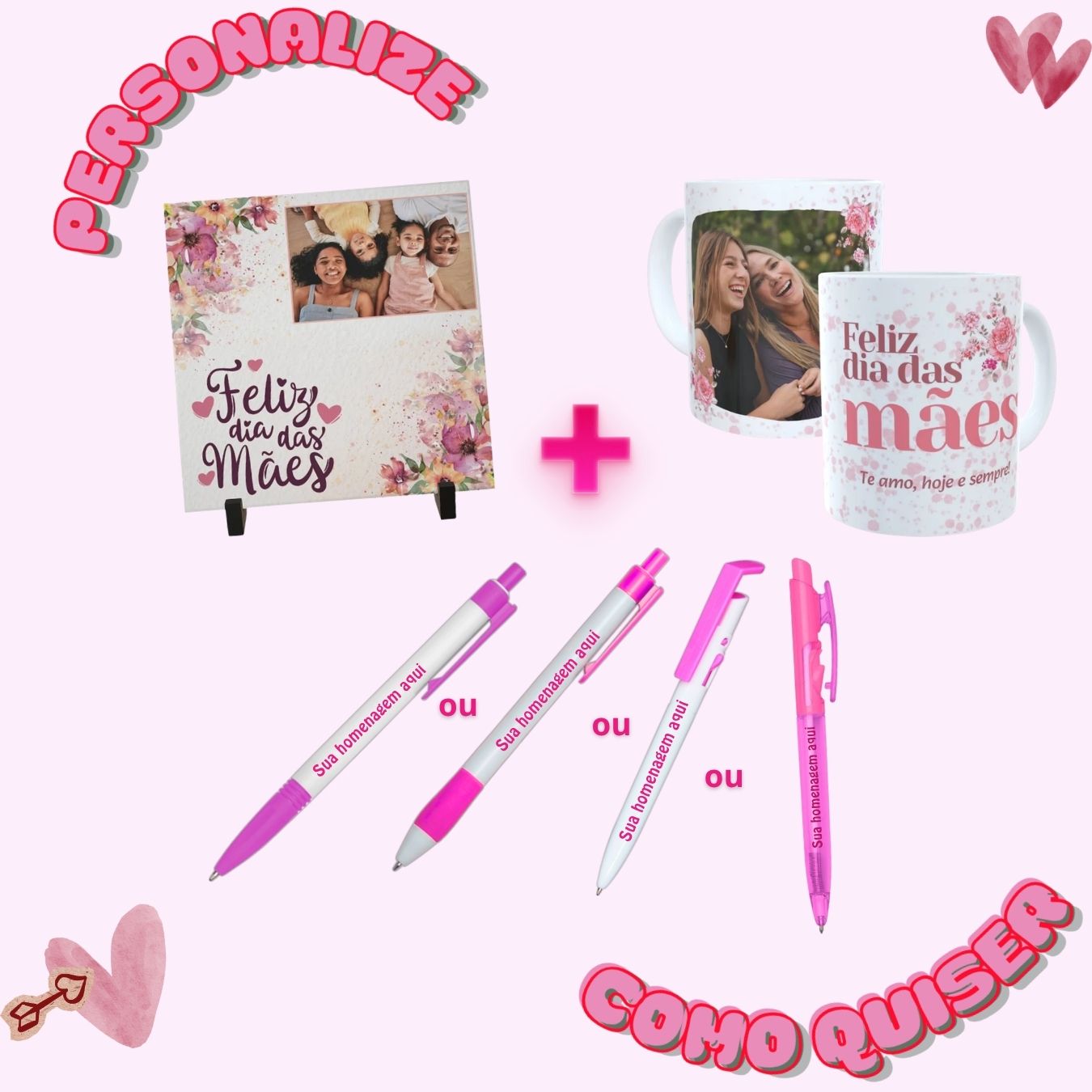 Kit Presente Especial Dia das Mães | Azulejo + Caneca + Caneta Luxo - Totalmente PERSONALIZÁVEL